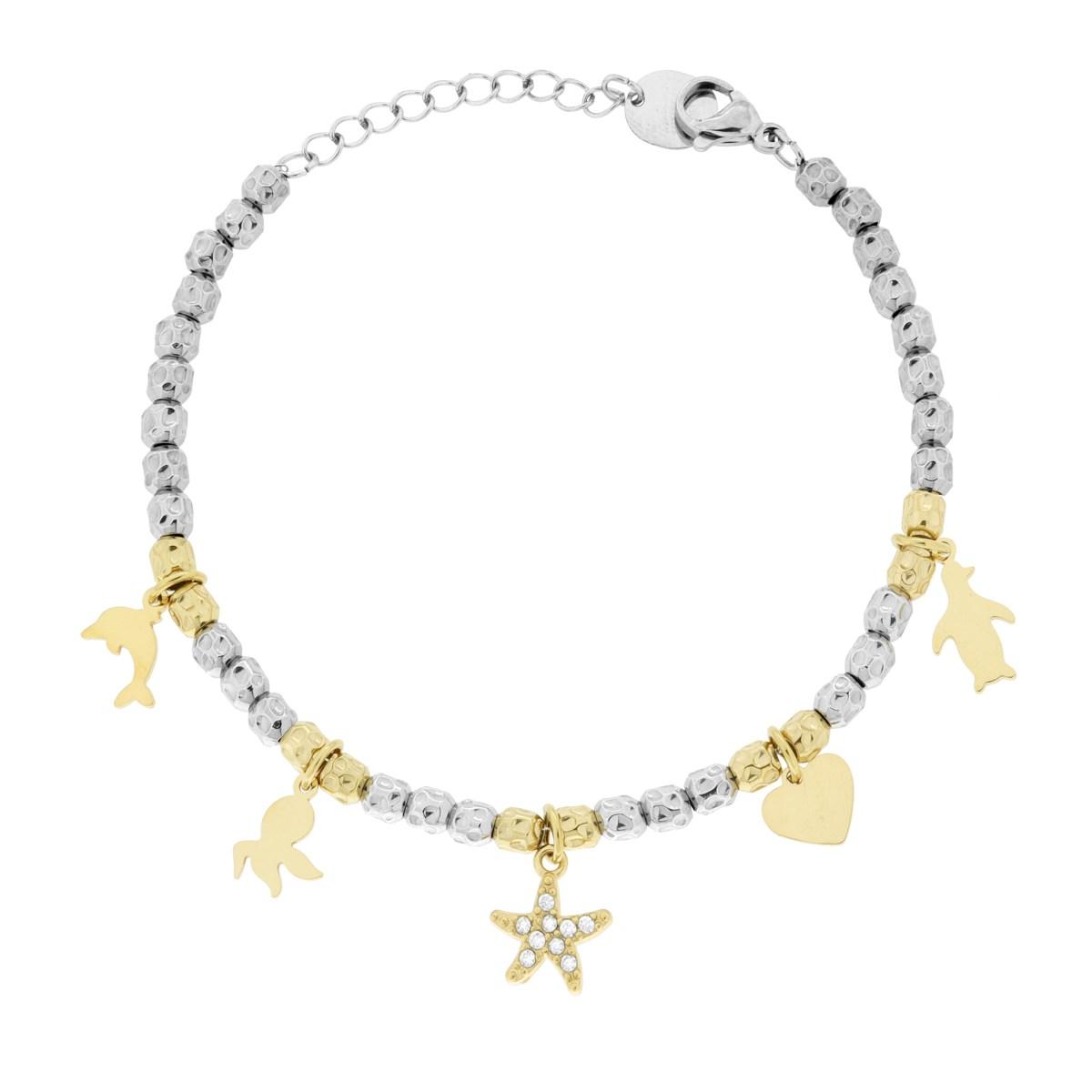Bracciale Catena con Cilindri Martellati e Charms Mare pendenti colore Oro e Crystal Bianchi in ACCIAIO
