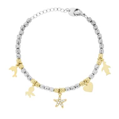 Bracciale Catena con Cilindri Martellati e Charms Mare pendenti colore Oro e Crystal Bianchi in ACCIAIO