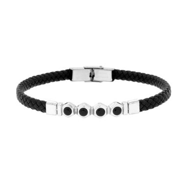 Bracciale Uomo in Ecopelle Intrecciata Nero con Targa e Crystal Neri in ACCIAIO