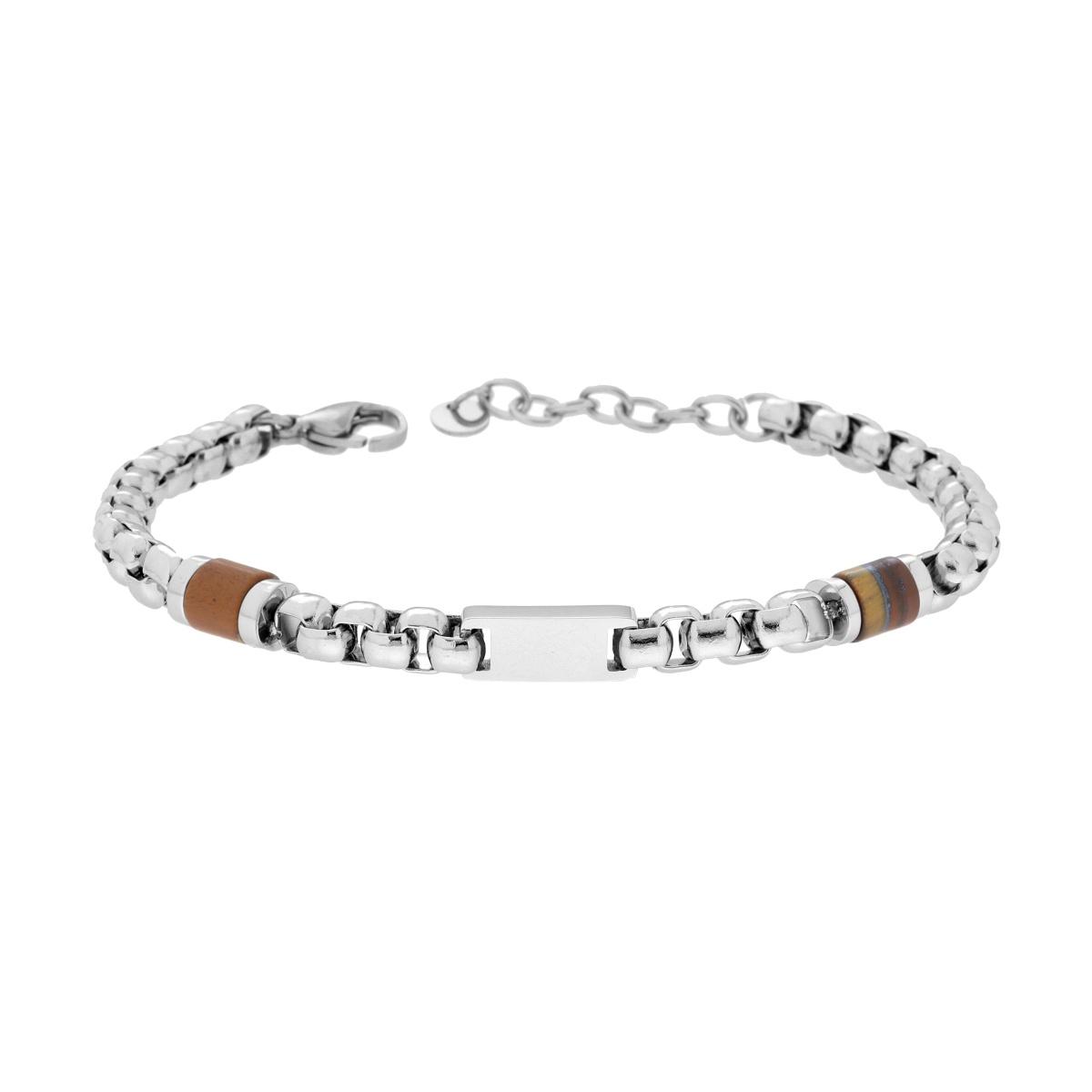 Bracciale Catena Veneziana Tonda con Pietre colore Occhio di Tigre e Targa in ACCIAIO