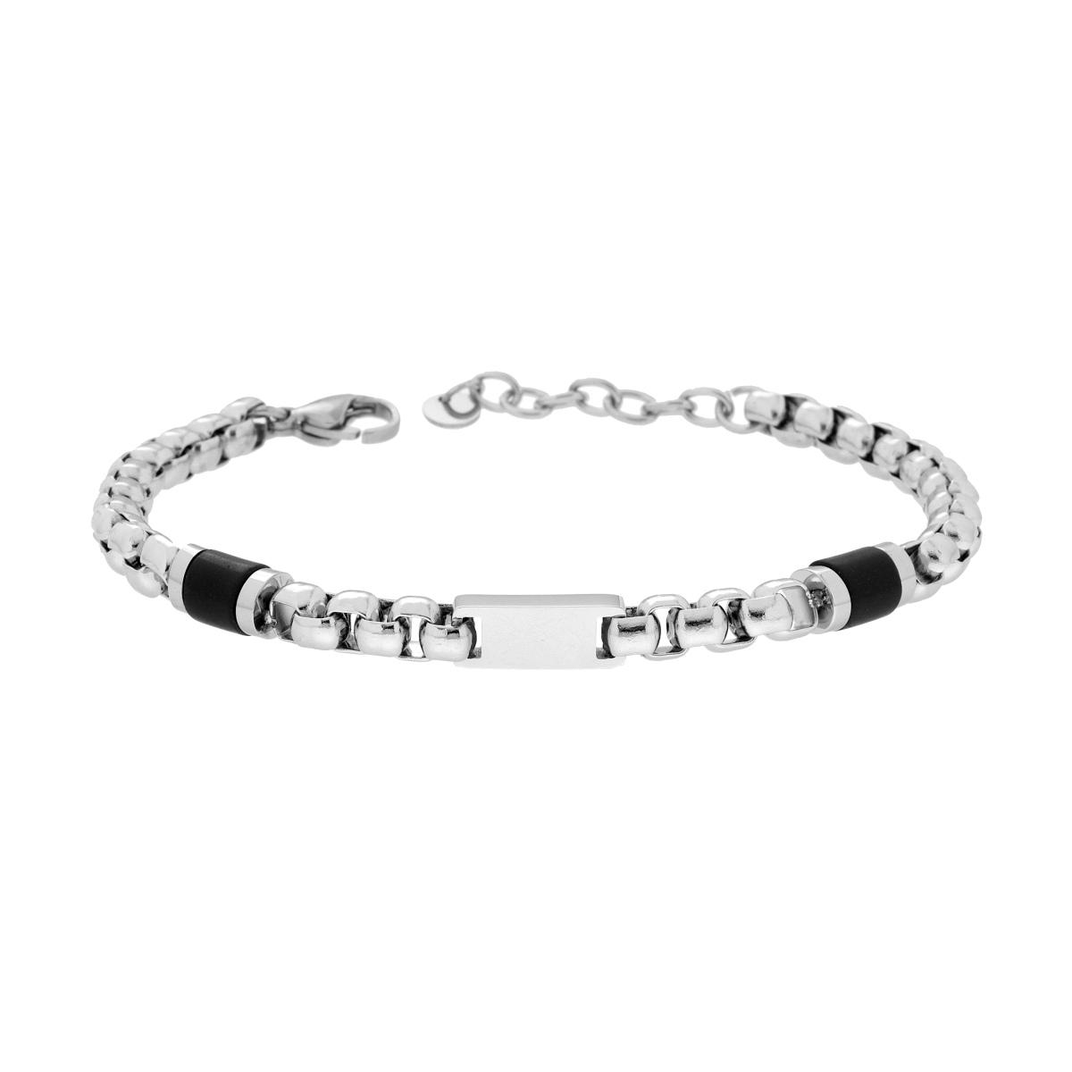 Bracciale Catena Veneziana Tonda con Pietre colore Onice Nero e Targa in ACCIAIO