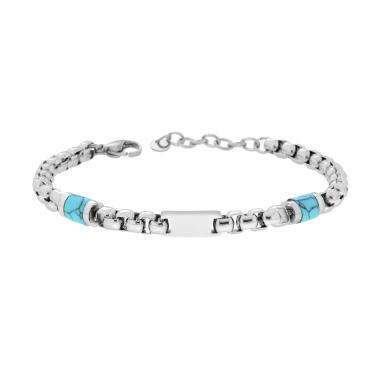 Bracciale Catena Veneziana Tonda con Pietre colore Turchese e Targa in ACCIAIO