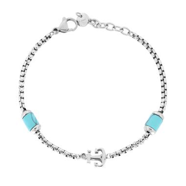 Bracciale Catena Veneziana con Ancora centrale e Pietre colore Turchese in ACCIAIO