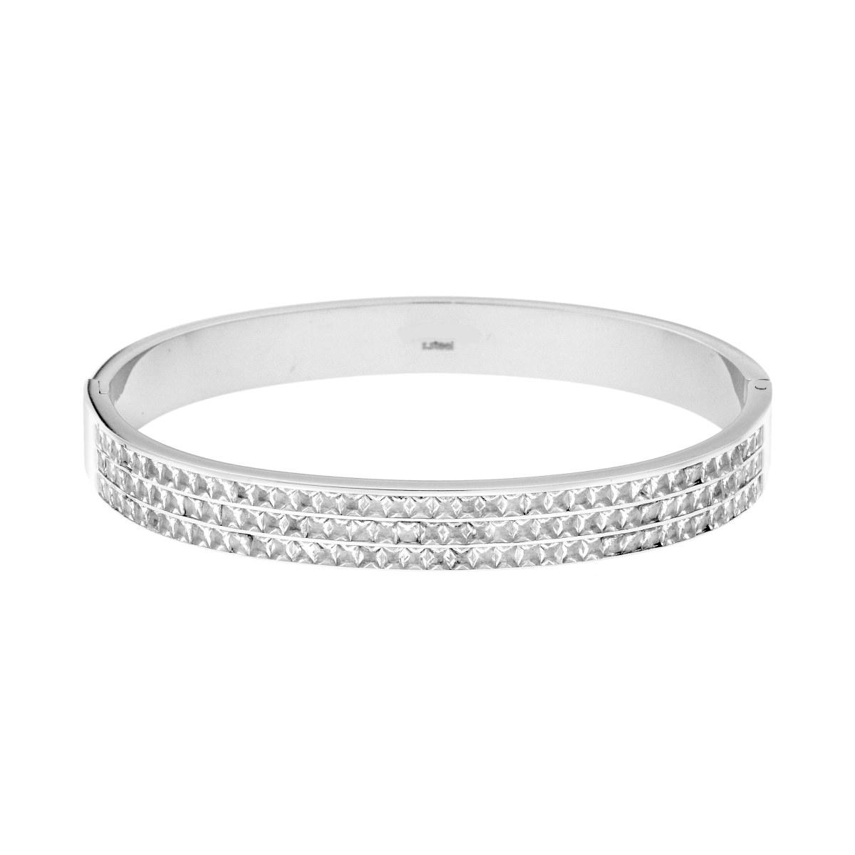 Bracciale Rigido modello Schiava con tre file di Crystal Carre Bianchi in ACCIAIO