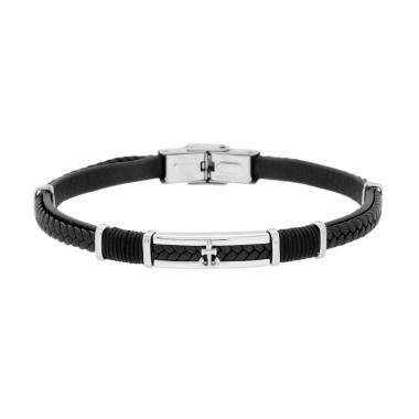 Bracciale Uomo in Ecopelle Intrecciata Nero con Targa e Ancora in ACCIAIO