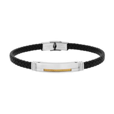 Bracciale Uomo in Ecopelle Intrecciata Nero con Targa e Fune colore Oro in ACCIAIO