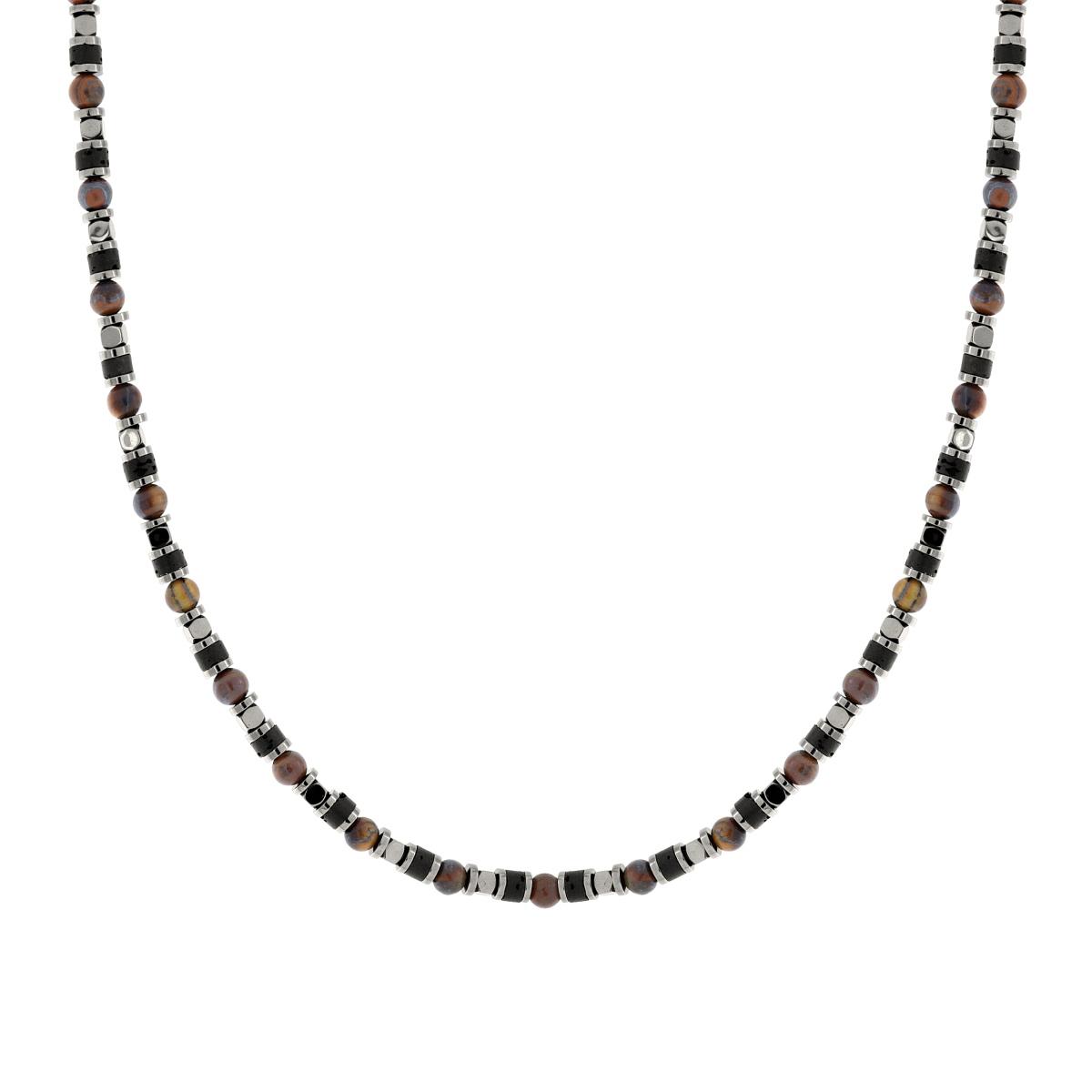 Collana Catena con Anelli Cubetti Antracite e Pietre Nero e Occhi di Tigre in ACCIAIO