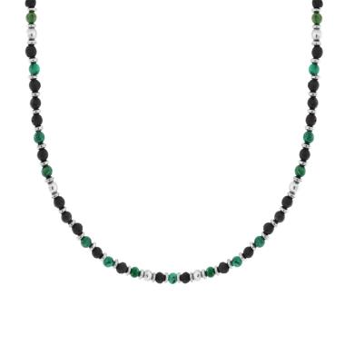 Collana Catena con Anelli e Pietre Tonde Verde Malachite in ACCIAIO
