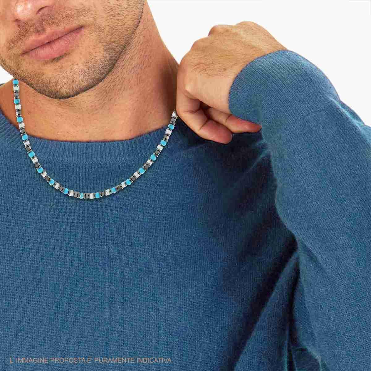 Collana Catena con Anelli Cubetti e Pietre Turchese e Bianche in ACCIAIO