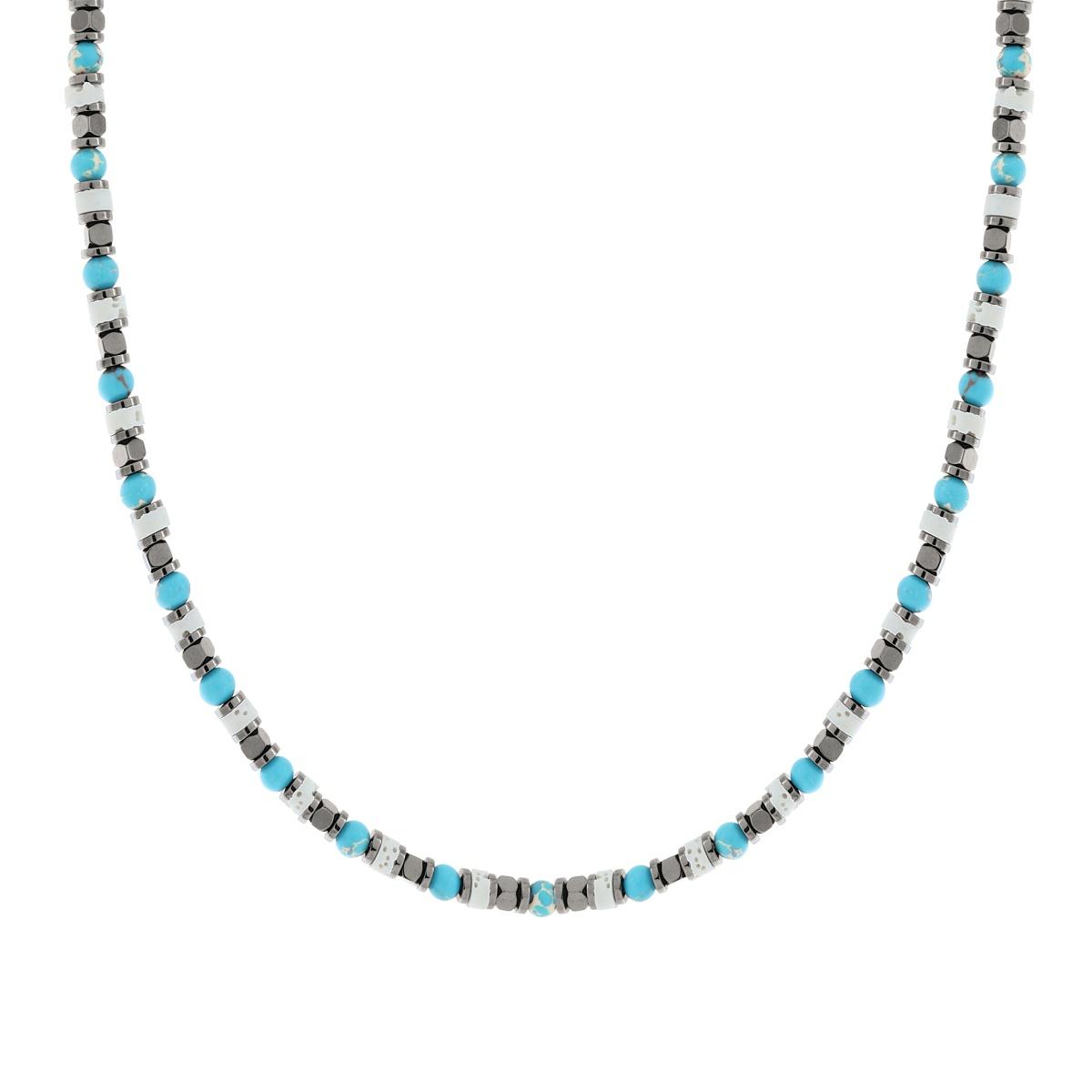 Collana Catena con Anelli Cubetti e Pietre Turchese e Bianche in ACCIAIO