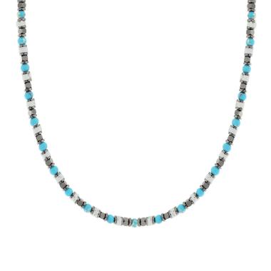 Collana Catena con Anelli Cubetti e Pietre Turchese e Bianche in ACCIAIO