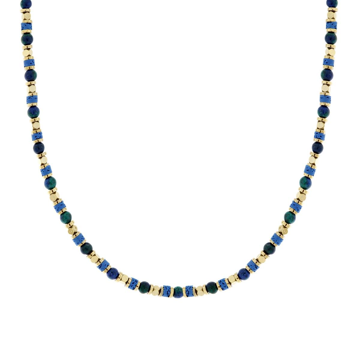 Collana Catena con Anelli Cubetti e Pietre Verde Malachite e Blu Lapislazzuli in ACCIAIO