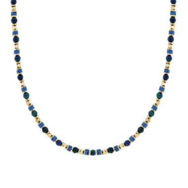 Collana Catena con Anelli Cubetti e Pietre Verde Malachite e Blu Lapislazzuli in ACCIAIO