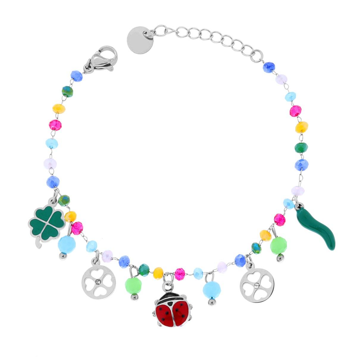 Bracciale Catena con Crystal Multicolor Pastello e Charms Portafortuna pendenti Smalto Multicolor in ACCIAIO