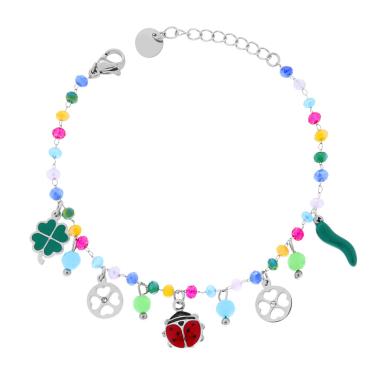 Bracciale Catena con Crystal Multicolor Pastello e Charms Portafortuna pendenti Smalto Multicolor in ACCIAIO