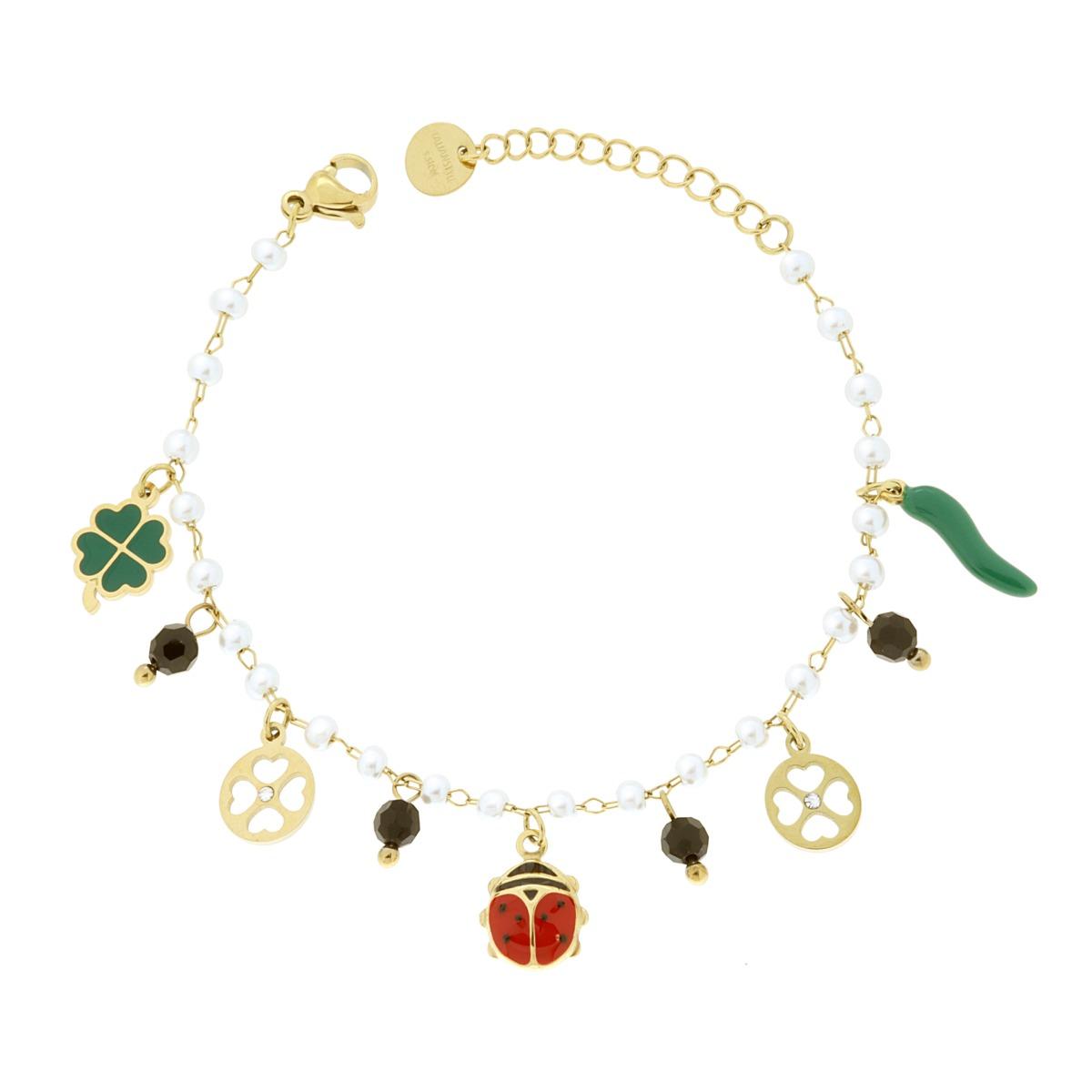 Bracciale Catena con Perle e Crystal Neri con Charms Portafortuna pendenti Smalto Multicolor in ACCIAIO colore Oro