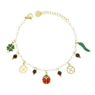 Bracciale Catena con Perle e Crystal Neri con Charms Portafortuna pendenti Smalto Multicolor in ACCIAIO colore Oro