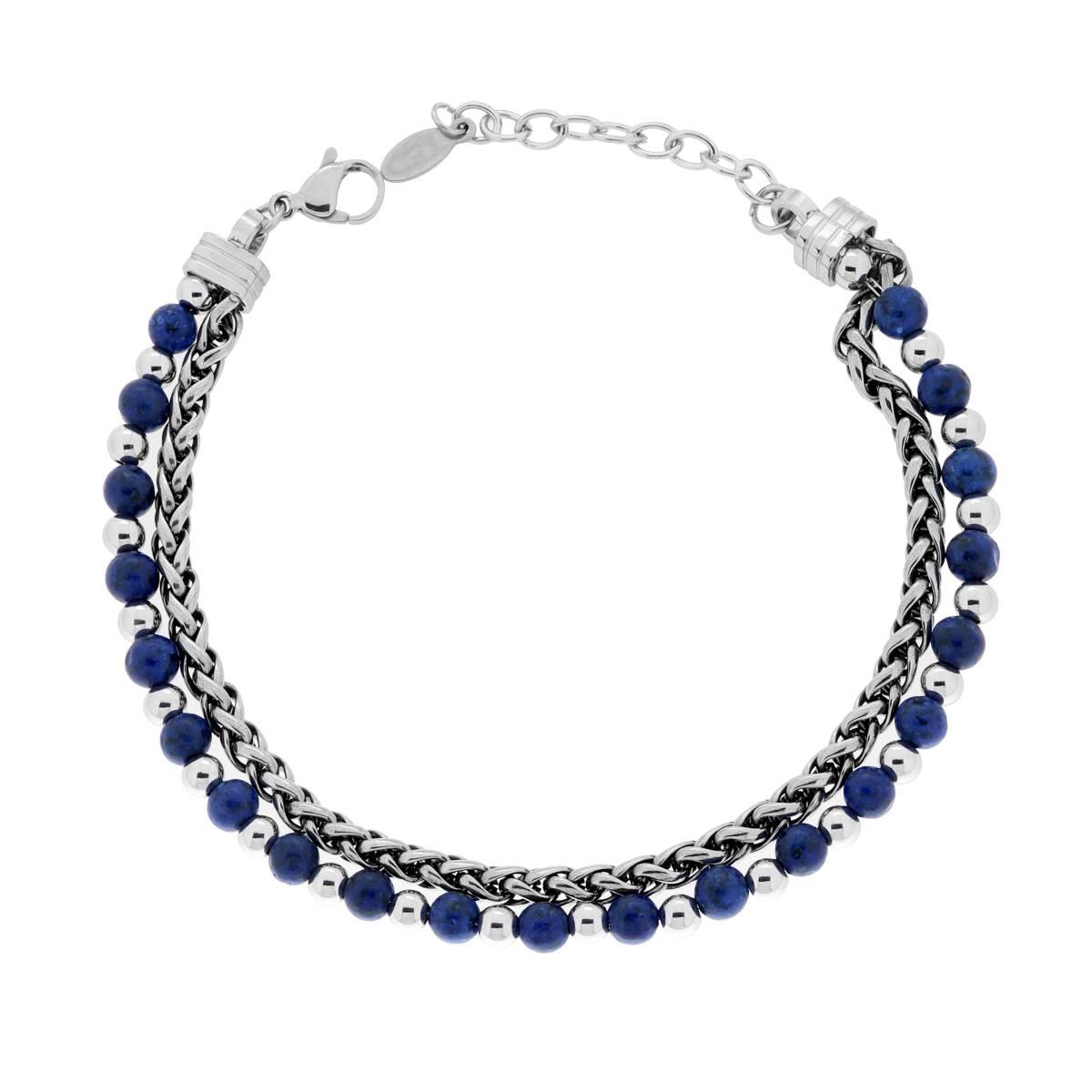 Bracciale due fili Catena Spiga e Palline aternate con Pietre colore Blu Lapislazzuli in ACCIAIO