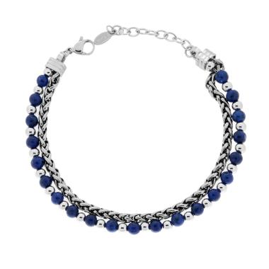 Bracciale due fili Catena Spiga e Palline aternate con Pietre colore Blu Lapislazzuli in ACCIAIO