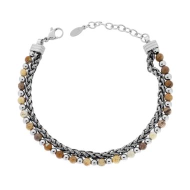 Bracciale due fili Catena Spiga e Palline aternate con Pietre colore Occhio di Tigre in ACCIAIO