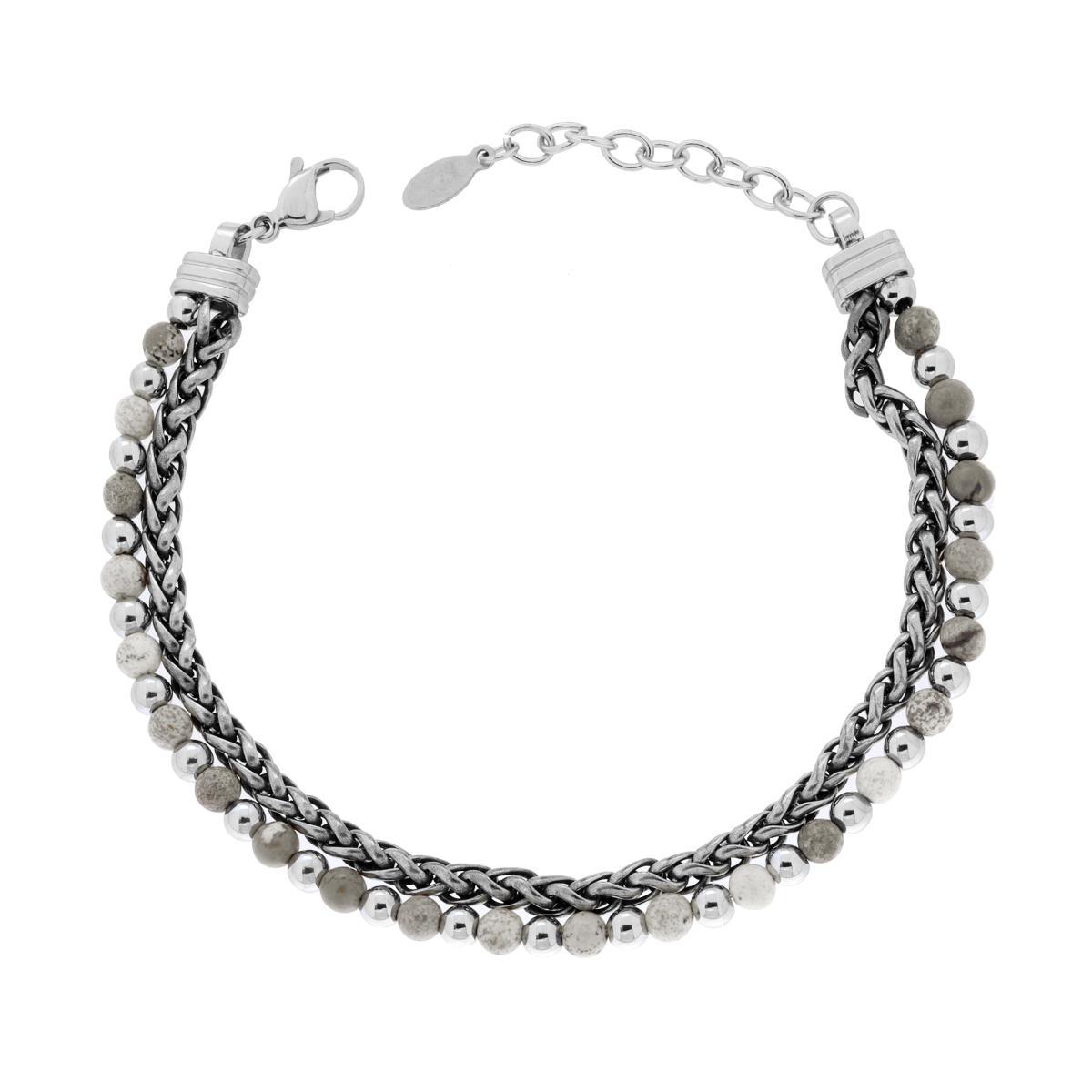 Bracciale due fili Catena Spiga e Palline aternate con Pietre colore Diaspro grigio in ACCIAIO
