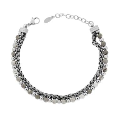 Bracciale due fili Catena Spiga e Palline aternate con Pietre colore Diaspro grigio in ACCIAIO