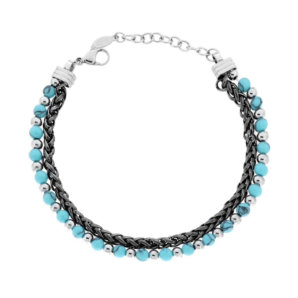 Bracciale due fili Catena Spiga e Palline aternate con Pietre colore Turchese in ACCIAIO