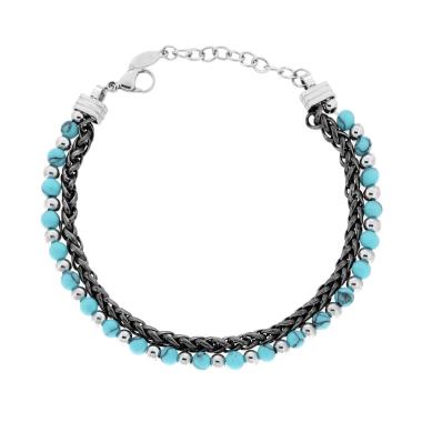 Bracciale due fili Catena Spiga e Palline aternate con Pietre colore Turchese in ACCIAIO