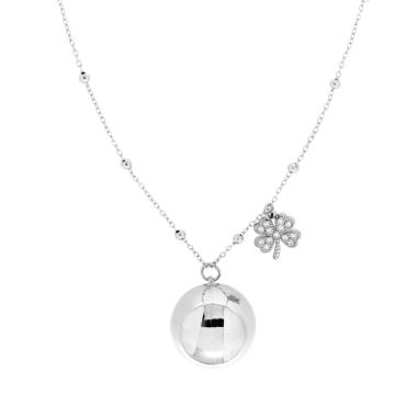 Collana Catena Forzatina Diamantata con Palline cm 90+5 con Chiama Angeli e Quadrifoglio con Crystal Bianchi in ACCIAIO
