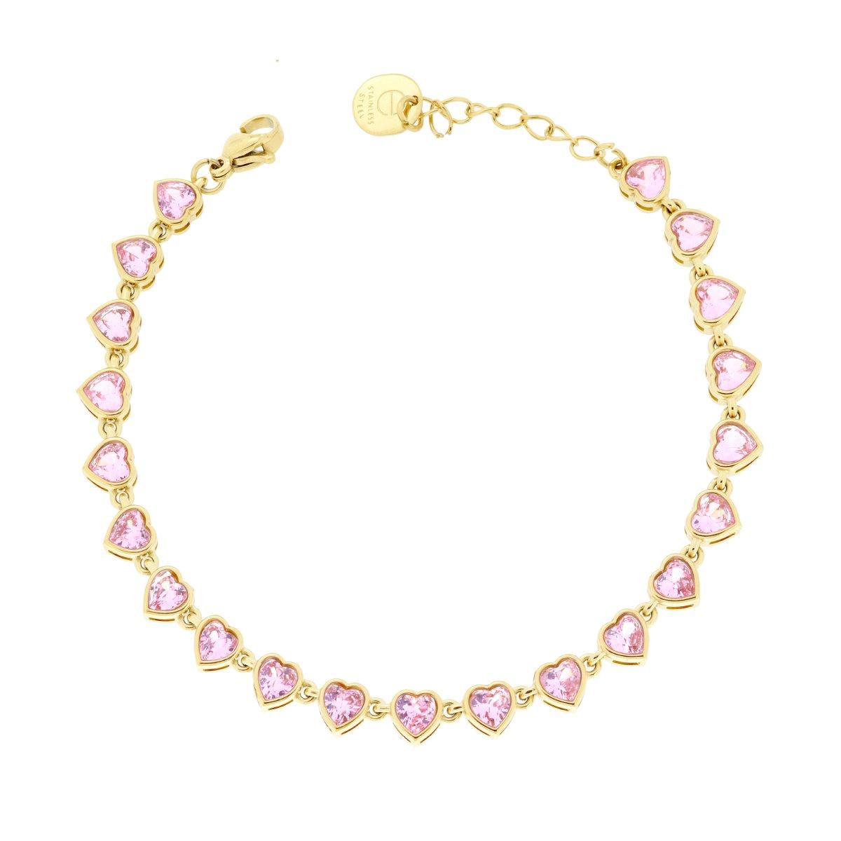 Bracciale Tennis Cuore con Crystal Rosa in ACCIAIO colore Oro