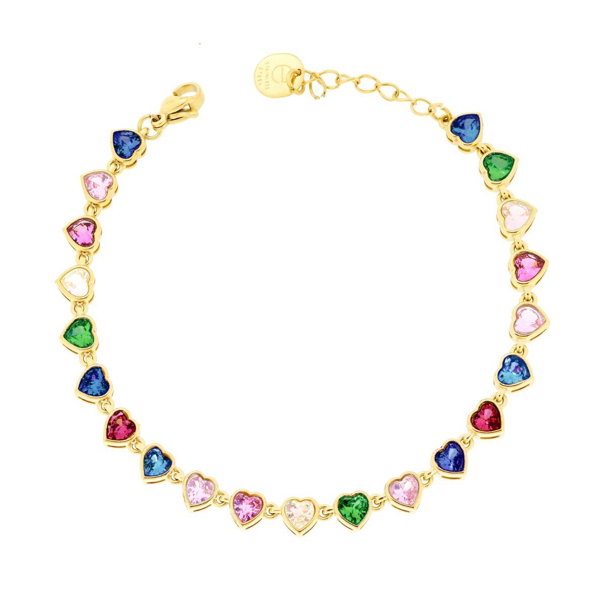 Bracciale Tennis Cuore con Crystal Multicolor in ACCIAIO colore Oro