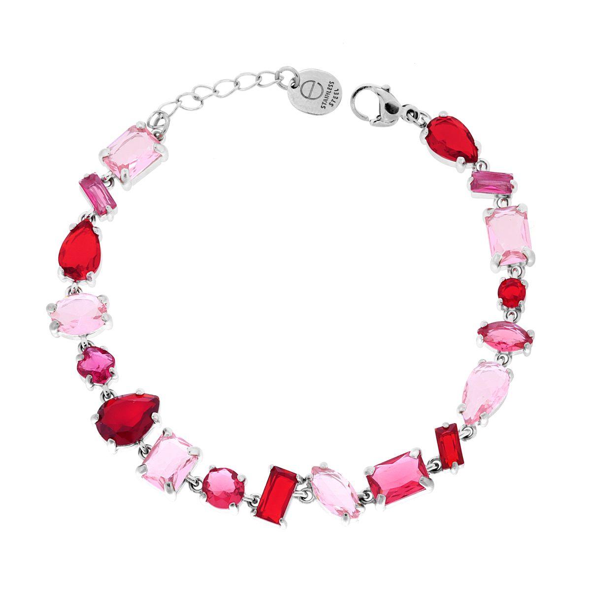 Bracciale Tennis con Crystal Multitaglio toni del Rosso Rubino in ACCIAIO