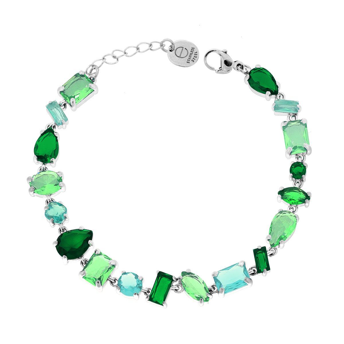 Bracciale Tennis con Crystal Multitaglio toni del Verde Smeraldo in ACCIAIO