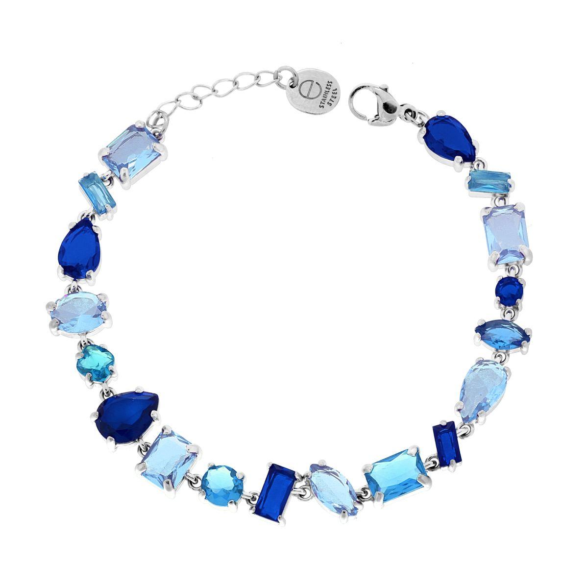 Bracciale Tennis con Crystal Multitaglio toni del Blu Zaffiro in ACCIAIO