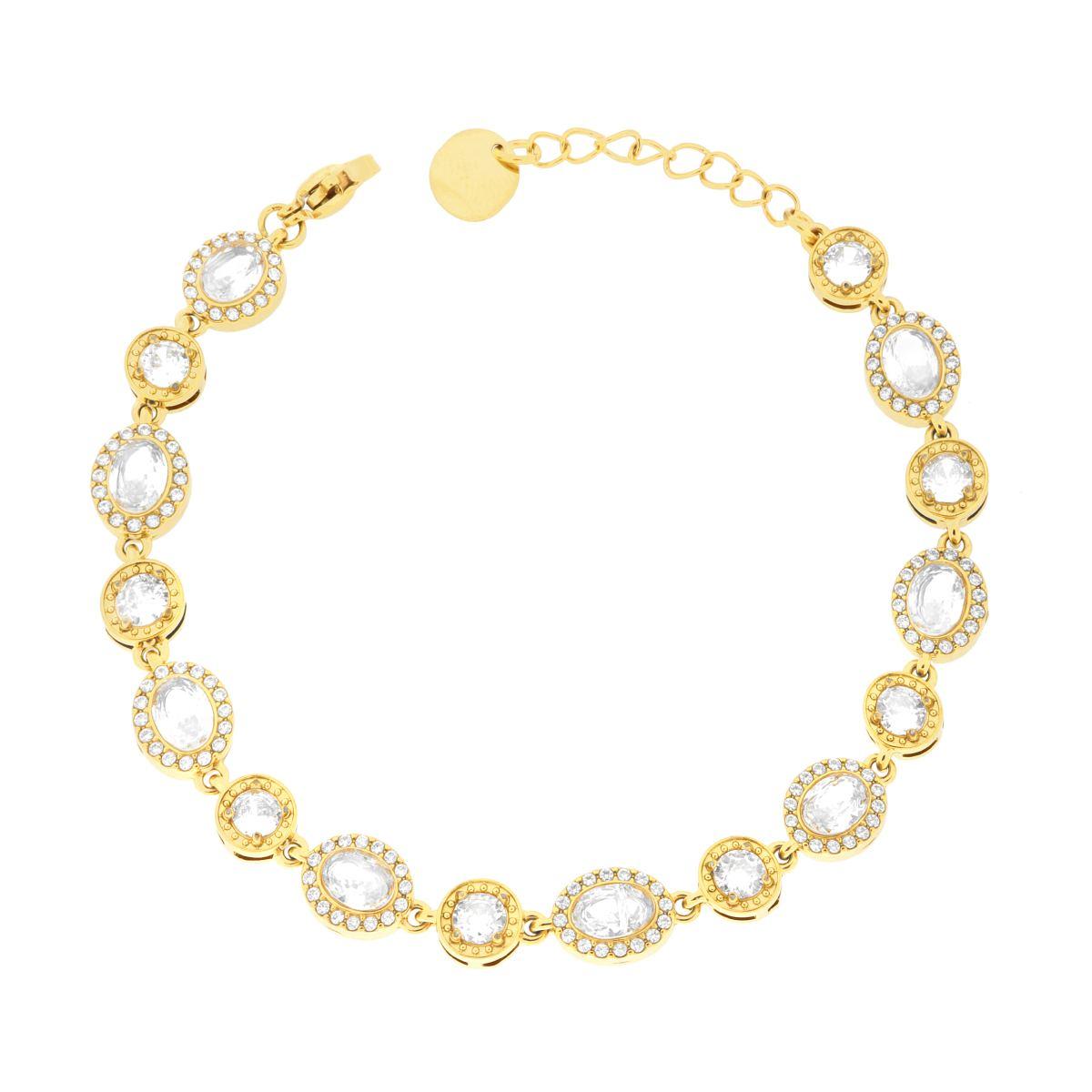 Bracciale Tennis Tondi e Ovali contornati da Crystal Bianchi in ACCIAIO colore Oro