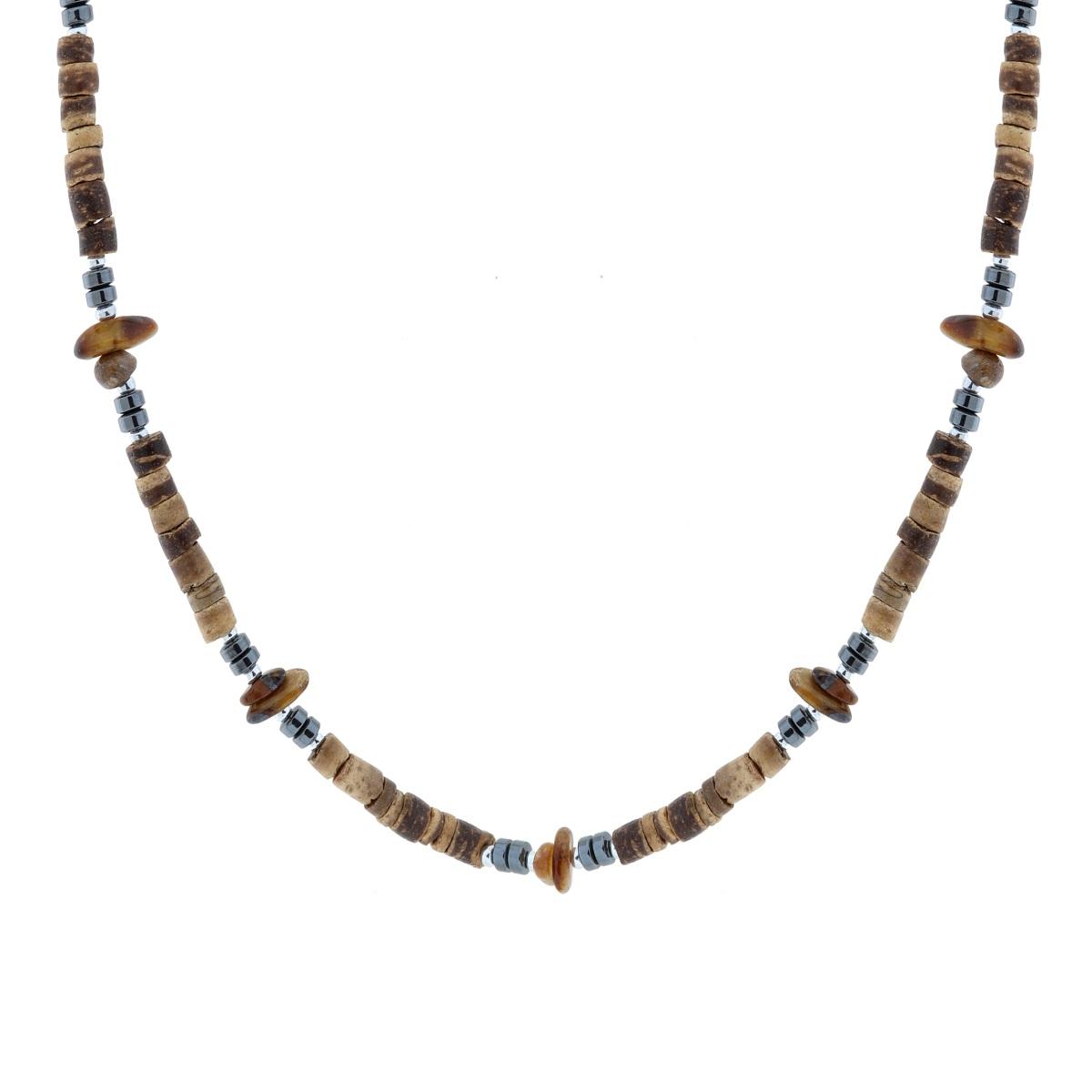 Collana Catena con Pietre Cilindriche effetto Naturale e Pietre Ematite in ACCIAIO