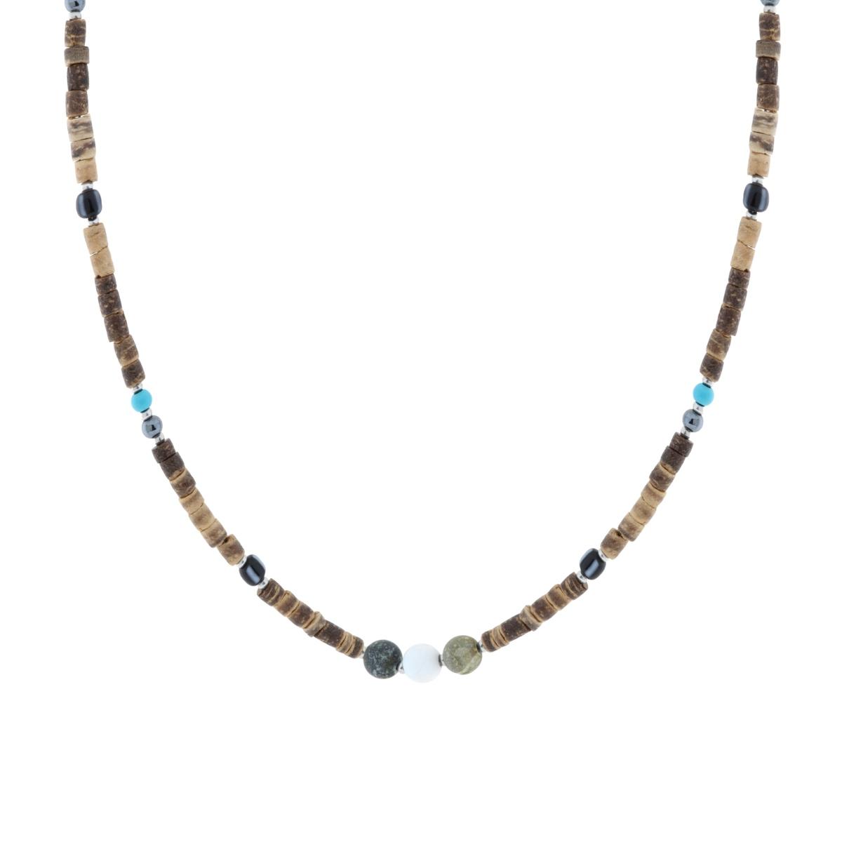 Collana Catena con Pietre Cilindriche effetto Naturale con Pietre Ematite e Turchese in ACCIAIO