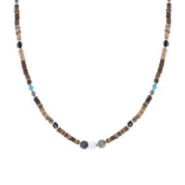 Collana Catena con Pietre Cilindriche effetto Naturale con Pietre Ematite e Turchese in ACCIAIO