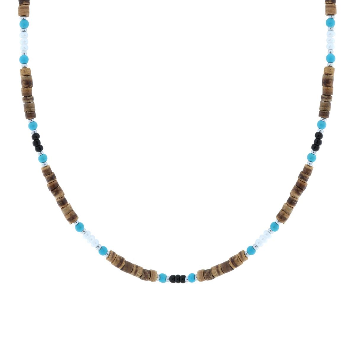 Collana Catena con Pietre Cilindriche effetto Naturale con Pietre Turchese e Nere con Perle Bianche in ACCIAIO