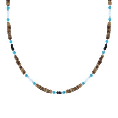 Collana Catena con Pietre Cilindriche effetto Naturale con Pietre Turchese e Nere con Perle Bianche in ACCIAIO