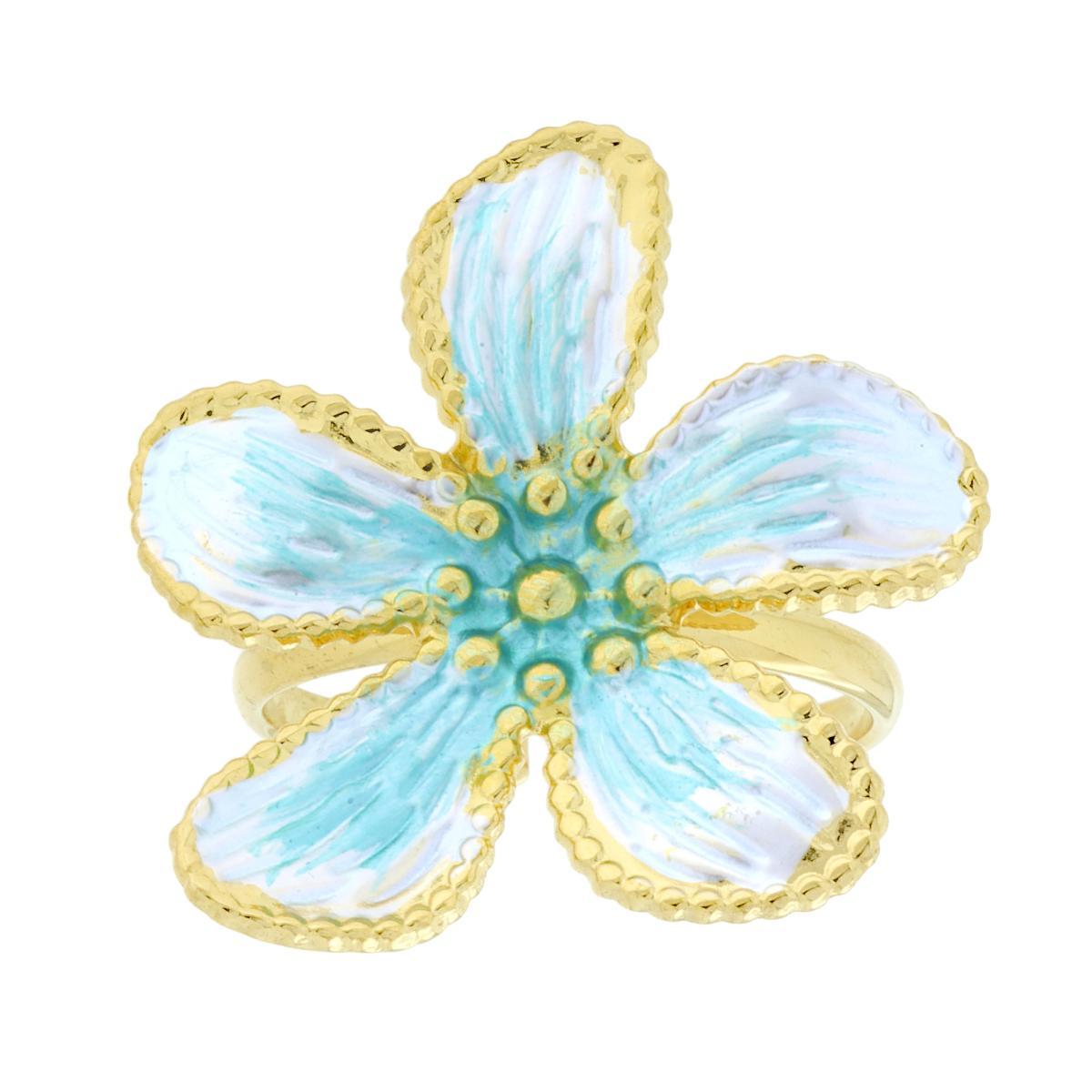 Anello Fiore con Smalto Perlato colore Bianco e Azzurro in ACCIAIO colore Oro