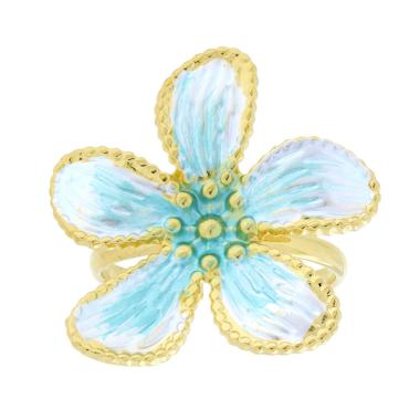 Anello Fiore con Smalto Perlato colore Bianco e Azzurro in ACCIAIO colore Oro