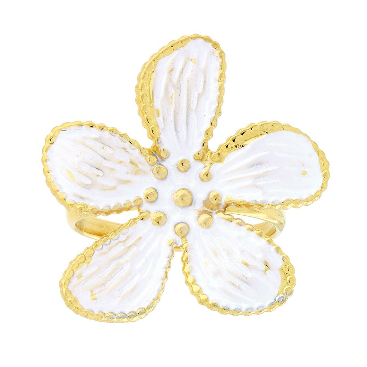 Anello Fiore con Smalto Perlato colore Bianco in ACCIAIO colore Oro