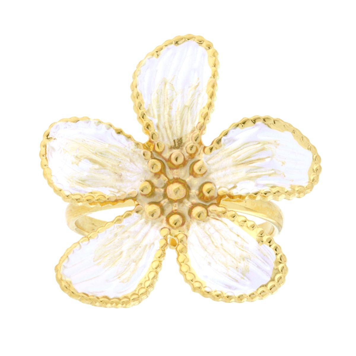 Anello Fiore con Smalto Perlato colore Bianco e Oro in ACCIAIO colore Oro
