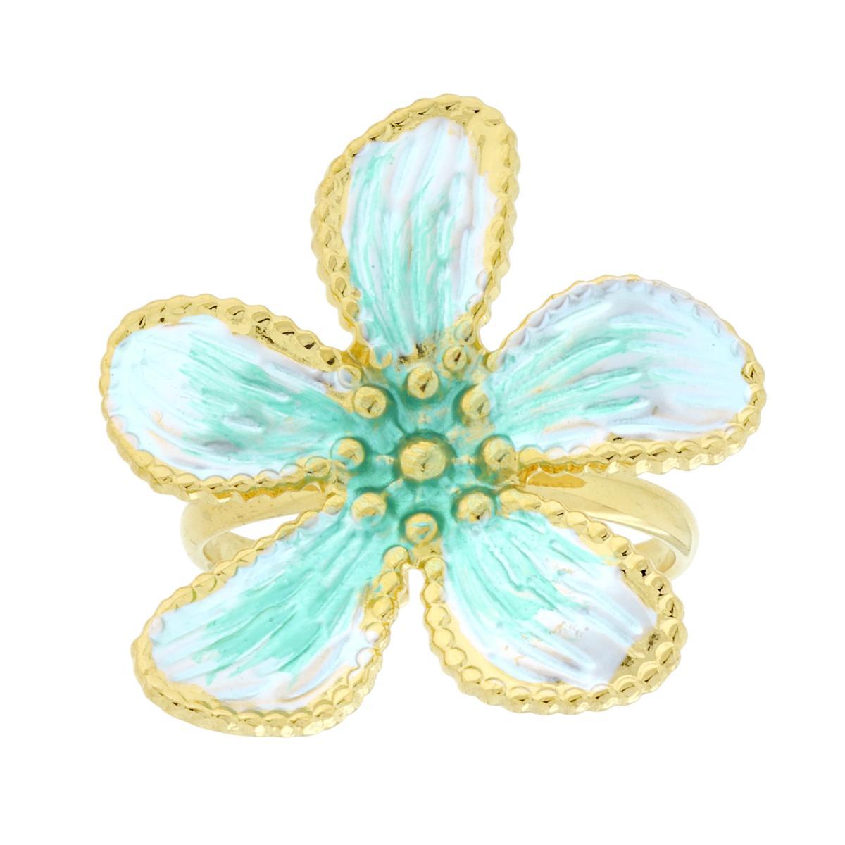 Anello Fiore con Smalto Perlato colore Bianco e Verde in ACCIAIO colore Oro