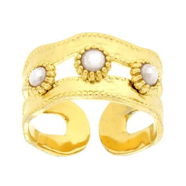 Anello Fascia Martellata con Crystal colore Bianco Perlato in ACCIAIO colore Oro