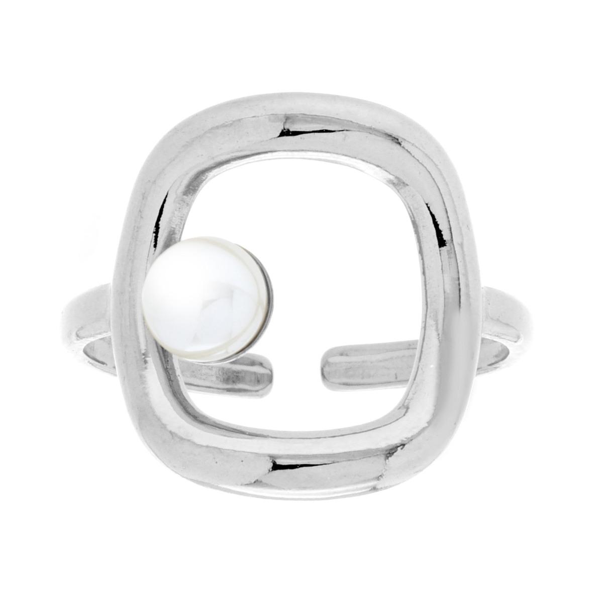 Anello con Rettangolo e Perla Bianca in ACCIAIO
