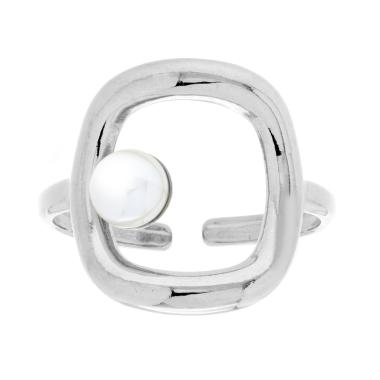 Anello con Rettangolo e Perla Bianca in ACCIAIO
