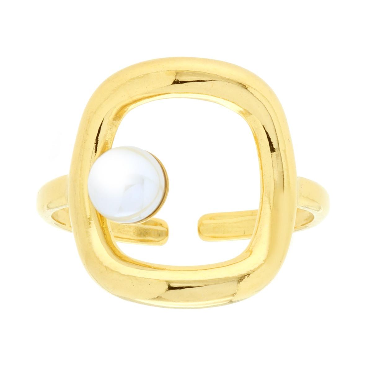 Anello con Rettangolo e Perla Bianca in ACCIAIO colore Oro