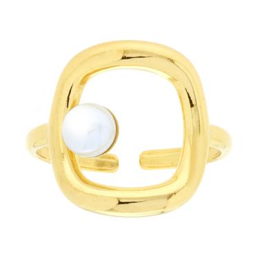 Anello con Rettangolo e Perla Bianca in ACCIAIO colore Oro